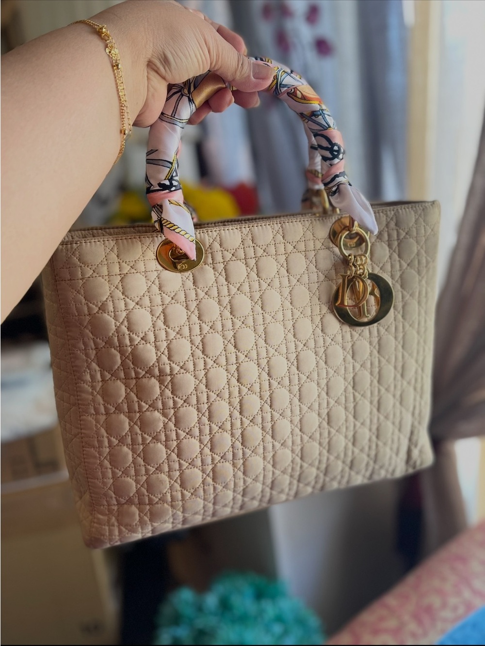 Dior Beige Quilted Tote with Gold Charms and Patterned Handle Wrap - Picture 10 of 10